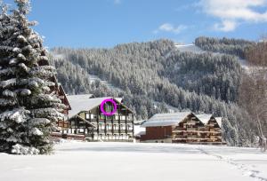 un lodge en la nieve con una ventana rosa en Appt 4/5 pers. Les Saisies front de neige en Les Saisies