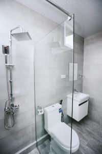 a bathroom with a toilet and a glass shower at Hotel Tamar Mepe in Kutaisi +96 photos