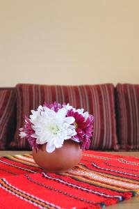 Un jarrón marrón con flores púrpuras y blancas. en Horizont Apartments, en Sunny Beach