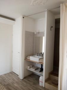 La salle de bains est pourvue d'un lavabo et d'un miroir. dans l'établissement La Maison de Boyeux, à Châtillon