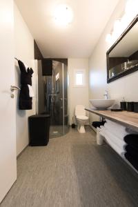 uma casa de banho com um lavatório, um WC e um chuveiro em Icelandic Cottages em Hraunmörk