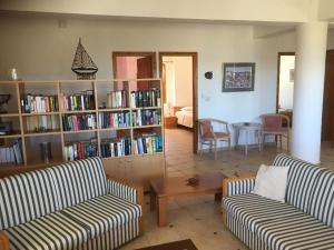 una sala de estar con 2 sofás y una estantería con libros. en Villas Alexandros Petrino en Kalamaki