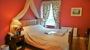 a bedroom with a bed with red walls and a window at Kilmokea Coach House in New Ross