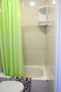 a bathroom with a green shower curtain and a toilet at Ático Feria in Seville