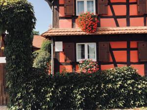ein rotes Haus mit Blumenkästen am Fenster in der Unterkunft Les Authentics - Le Domaine d'Autrefois & Spa in Bolsenheim