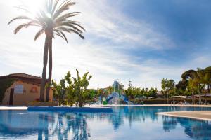 een zwembad met een palmboom en een waterpark bij Camping La Llosa in Cambrils