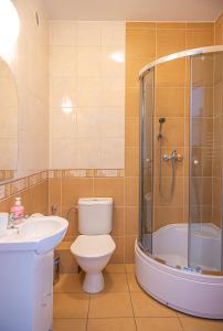 a bathroom with a toilet and a sink and a shower at Family Homes - Apartamenty Vento in Władysławowo