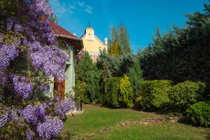 a garden with purple flowers in front of a house at Hotel Szent István in Eger