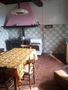 een keuken met een tafel en een fornuis top oven bij Magrignano tra animali e natura in Montieri