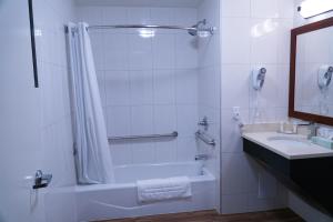 a bathroom with a shower and a tub and a sink at Hotel Mint JFK Airport in Far Rockaway
