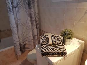 a bathroom with a toilet and a shower curtain at Villa Evridiki in Fourka +9 photos