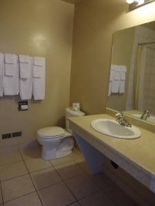 La salle de bains est pourvue de toilettes, d'un lavabo et d'un miroir. dans l'établissement Kingsway Inn, à Thunder Bay