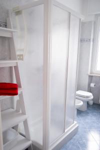 a white shower in a bathroom with a toilet at Appartamento IRIS in Garda +25 photos
