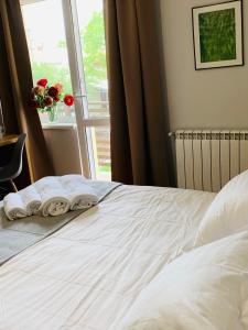 ein Bett mit Handtüchern und einem Fenster in der Unterkunft Водограй, курортна вілла in Morschyn