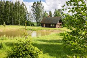 a small house in a field next to a pond at Melderi in Rēzekne