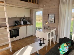 cocina y sala de estar con mesa y sofá en Lilla Sommarhuset Burgsvik, en Burgsvik