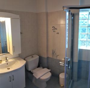 uma casa de banho com um WC, um lavatório e um chuveiro em Avra Hotel em Kyparíssion