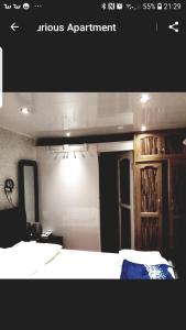 Mansholl Luxurious Apartment في فريتاون: غرفة نوم مع سرير ورف كتاب