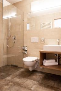 La salle de bains est pourvue de toilettes, d'un lavabo et d'une douche. dans l'établissement Rossano Boutique Hotel & Ristorante, à Ansbach