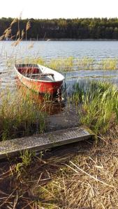 a boat sitting on the shore of a body of water at Natur-Freude-16 in Kotzen