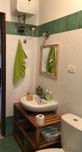 a bathroom with a sink and a mirror and a toilet at Blue Ocean in Santa Maria