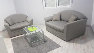 two chairs and a couch and a table in a living room at Airport view Apartment in Belgrade