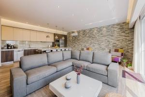 a living room with a couch and a kitchen at Nastazia Luxury Beach House in Ialysos