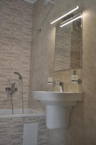 een badkamer met een wastafel, een bad en een spiegel bij Apartments on Leva st. in Berehove