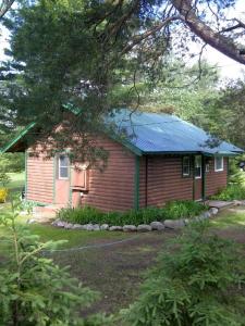 a small red house with a blue roof at Logging Chain Lodge Cottage Resort in Dwight