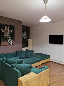 sala de estar con sofá verde y TV en Drumul Poienii Apartment, en Brasov
