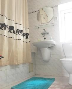 baño con lavabo y cortina de ducha en Penzion Sv. Duch, en Český Krumlov
