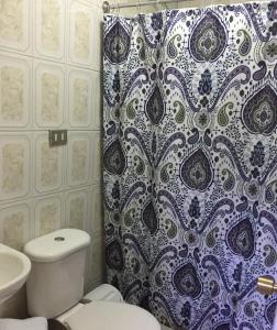 a bathroom with a toilet and a shower curtain at Hotel Isla Bella Talca in Talca