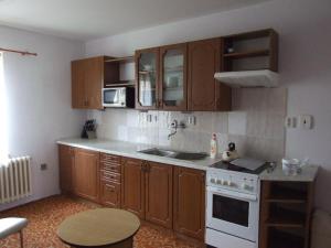 cocina con armarios de madera y horno de fogón blanco en Apartmán, en Dolní Bukovsko