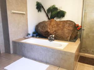 ein Badezimmer mit einem Waschbecken und einem großen Felsen in der Unterkunft Sunset Apartment in Kapstadt