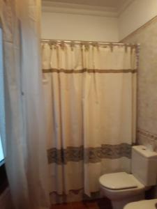 a bathroom with a toilet and a shower curtain at Apartamento con terraza privada y barbacoa in La Laguna +9 photos