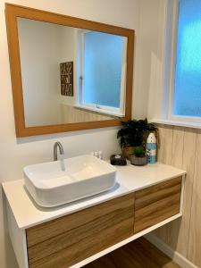 a bathroom with a white sink and a mirror at Kaikōura Peaks eMotel in Kaikoura