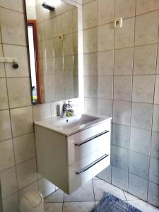 ein Badezimmer mit Waschbecken und Spiegel in der Unterkunft Apartmani Peran in Grebaštica