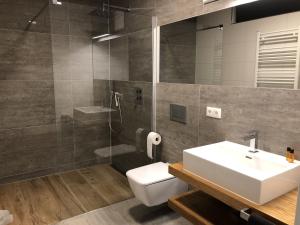 ein Bad mit einem WC, einem Waschbecken und einer Dusche in der Unterkunft Luxus Apartment Lake&City in Friedrichshafen