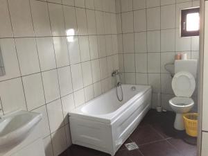 a bathroom with a tub and a toilet and a sink at Vila Chiojdu in Buzau +45 photos