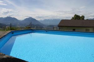 a large blue swimming pool with mountains in the background at Ferienwohnung mit Panoramablick in Viktorsberg