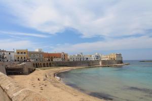 Una vista de una playa con edificios y el océano. en Appartamento vacanza Salento, en Parabita