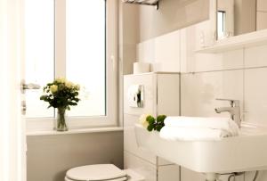 baño con lavabo y aseo y ventana en Stadt Apartments Burg Fehmarn, en Burg auf Fehmarn