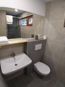 a bathroom with a white sink and a toilet at Estate Marjetin dom in Idrija