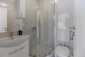 a bathroom with a shower and a toilet and a sink at Apartment Mikic in Čunski +17 photos