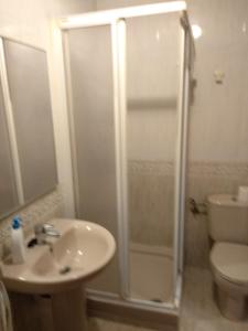 een badkamer met een douche, een wastafel en een toilet bij Estudio en el centro 0 in Reus