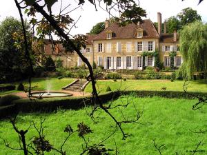 ein großes Haus mit Rasen und Brunnen in der Unterkunft Gentilhommière de Lurcy le Bourg in Lurcy-le-Bourg