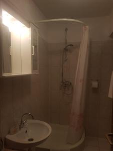 a bathroom with a sink and a shower with a shower curtain at Apartment Novaković in Mirce