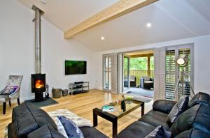 a living room with a couch and a fireplace at Cedar Lodge, South View Lodges, Exeter in Exeter