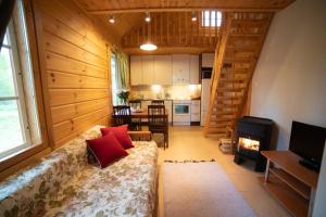 uma sala de estar com um sofá e um fogão em Holiday Village Kukkapää em Sulkava