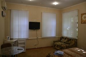 Na Admirala Makarova في نيكولايف: غرفة معيشة مع أريكة وتلفزيون بشاشة مسطحة